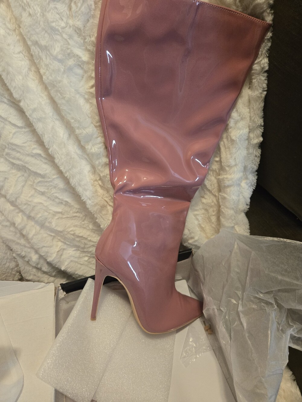 Fashion Nova Pink Patent Stiletto Knee-High Boot